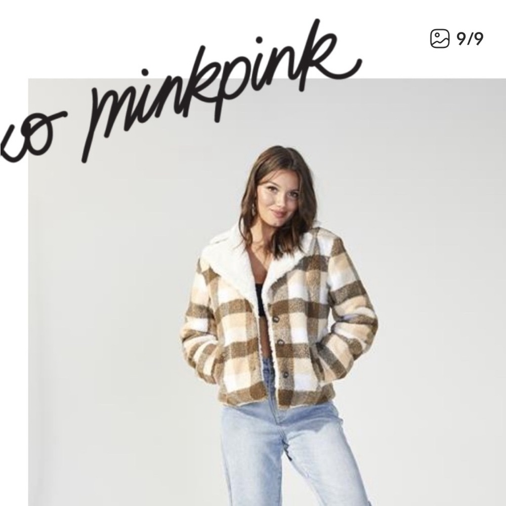 MINKPINK Women's L Checkered Teddy Jacket - Brown and Cream